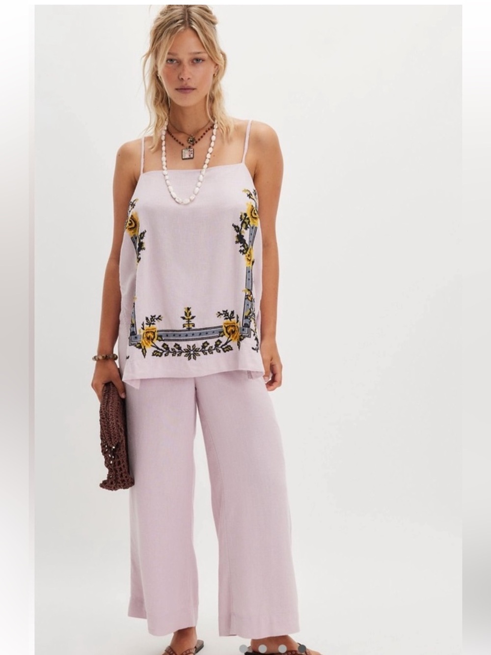 Free People Sightseer Embroidered Linen Set Lavender Small Boho Matching Set Sm